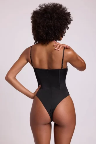 Body corset en satin à encolure plongeante et laçage Yelda, noir