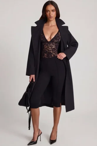 Body Zayla en dentelle transparente à encolure plongeante festonnée, noir