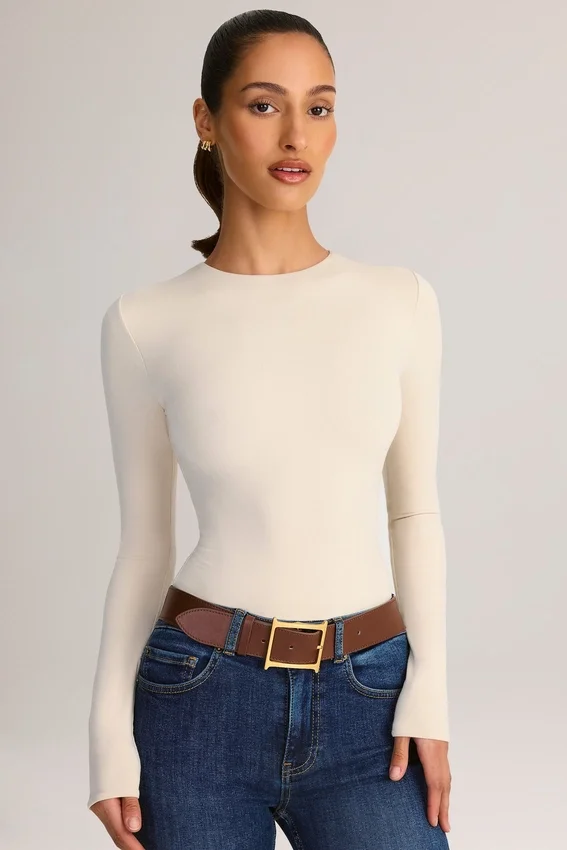 Body Ziva en modal à col rond et manches longues, couleur crème Body Ziva en modal à col rond et manches longues, couleur crème