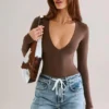 Bodys à manches longues et décolleté plongeant Elodie en modal, couleur chocolat