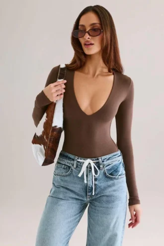 Bodys à manches longues et décolleté plongeant Elodie en modal, couleur chocolat
