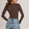 Bodys à manches longues et décolleté plongeant Elodie en modal, couleur chocolat