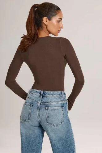 Bodys à manches longues et décolleté plongeant Elodie en modal, couleur chocolat