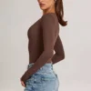 Bodys à manches longues et décolleté plongeant Elodie en modal, couleur chocolat