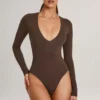 Bodys à manches longues et décolleté plongeant Elodie en modal, couleur chocolat