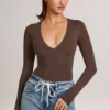 Bodys à manches longues et décolleté plongeant Elodie en modal, couleur chocolat