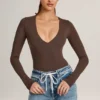 Bodys à manches longues et décolleté plongeant Elodie en modal, couleur chocolat