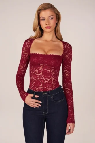 Bodys à manches longues et dentelle Letizia, couleur rouge cerise