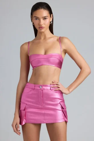 Bralette courte en denim métallisé Kennedy, rose foncé