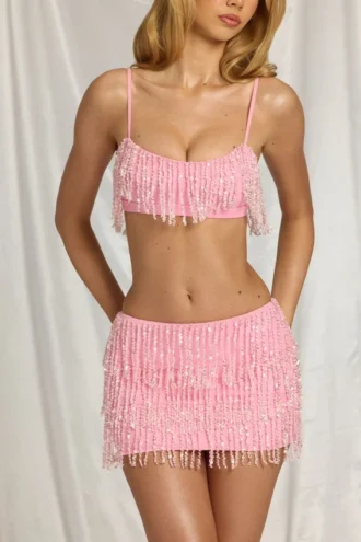 Mini-jupe à franges taille basse Nessa, rose bonbon