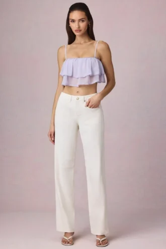 Jean Bobbi à taille mi-haute et jambes évasées, délavage écru