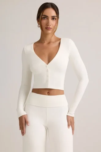 Cardigan court côtelé en modal Kiva, blanc