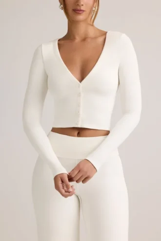 Cardigan court côtelé en modal Kiva, blanc
