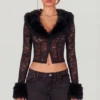 Cardigan en dentelle transparente avec bordure en fausse fourrure Noemy, noir Cardigan en dentelle transparente avec bordure en fausse fourrure Noemy, noir