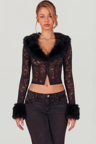 Cardigan en dentelle transparente avec bordure en fausse fourrure Noemy, noir