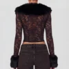 Cardigan en dentelle transparente avec bordure en fausse fourrure Noemy, noir Cardigan en dentelle transparente avec bordure en fausse fourrure Noemy, noir