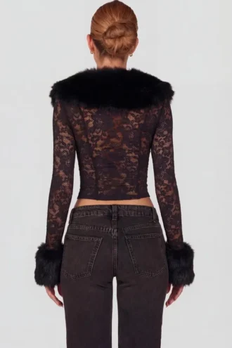 Cardigan en dentelle transparente avec bordure en fausse fourrure Noemy, noir