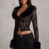Cardigan en dentelle transparente avec bordure en fausse fourrure Noemy, noir Cardigan en dentelle transparente avec bordure en fausse fourrure Noemy, noir