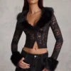 Cardigan en dentelle transparente avec bordure en fausse fourrure Noemy, noir Cardigan en dentelle transparente avec bordure en fausse fourrure Noemy, noir