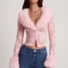 Cardigan en dentelle transparente avec bordure en fausse fourrure Noemy, rose Cardigan en dentelle transparente avec bordure en fausse fourrure Noemy, rose