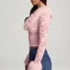 Cardigan en dentelle transparente avec bordure en fausse fourrure Noemy, rose Cardigan en dentelle transparente avec bordure en fausse fourrure Noemy, rose