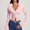 Cardigan en dentelle transparente avec bordure en fausse fourrure Noemy, rose Cardigan en dentelle transparente avec bordure en fausse fourrure Noemy, rose