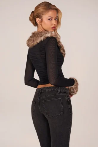 Cardigan en maille transparente à bordure en fausse fourrure Lola, noir