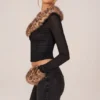 Cardigan en maille transparente à bordure en fausse fourrure Lola, noir Cardigan en maille transparente à bordure en fausse fourrure Lola, noir