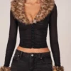 Cardigan en maille transparente à bordure en fausse fourrure Lola, noir Cardigan en maille transparente à bordure en fausse fourrure Lola, noir
