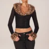 Cardigan en maille transparente à bordure en fausse fourrure Lola, noir Cardigan en maille transparente à bordure en fausse fourrure Lola, noir