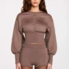 Shorts en maille à taille mi-haute Antonia, couleur moka