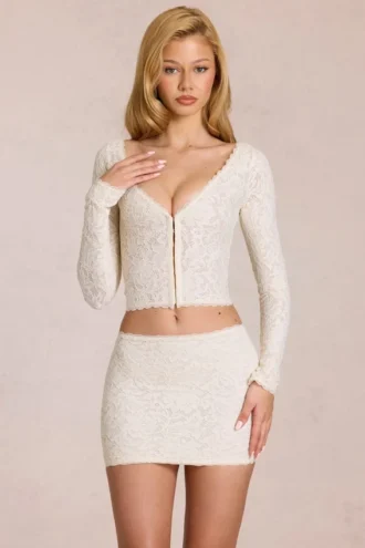 Cardigan plongeant en dentelle Odelia, couleur ivoire