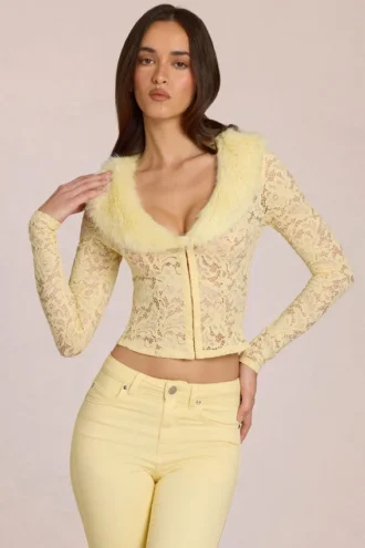 Cardigan Solaya en dentelle avec bordure en fausse fourrure, couleur jaune citron