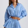 Chemise courte multiforme en popeline de coton rayée, rayures bleues Chemise courte multiforme en popeline de coton rayée, rayures bleues