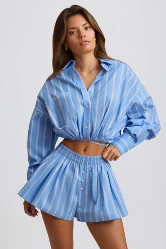 Chemise courte multiforme en popeline de coton rayée, rayures bleues