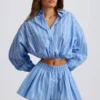 Shorts plissé en popeline de coton à rayures bleues