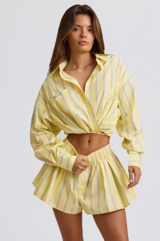 Chemise courte à rayures en popeline de coton, à port multiple, à rayures jaunes