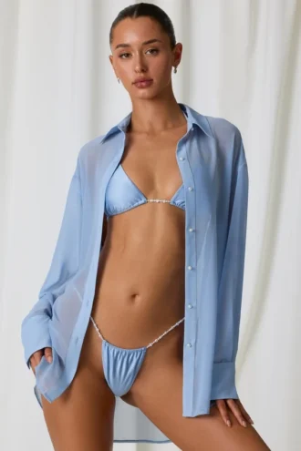 Chemise oversize Hiva à détails perles, bleu ciel