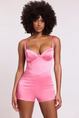 Combinaison-combishort corset Romera en satin rose