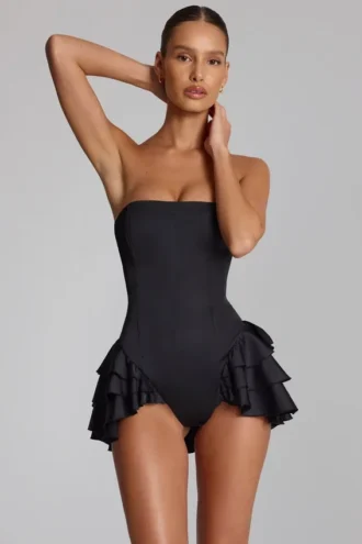 Combinaison-corset à volants et lacets Priaska, couleur noire