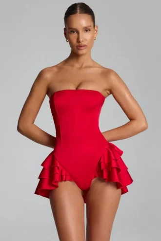 Combinaison-corset à volants et lacets Priaska, couleur rouge feu