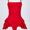 Combinaison-corset à volants et lacets Priaska, couleur rouge feu