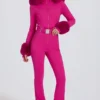 Combinaison de ski ajustée imperméable à capuche en fausse fourrure, rose magenta Combinaison de ski ajustée imperméable à capuche en fausse fourrure, rose magenta