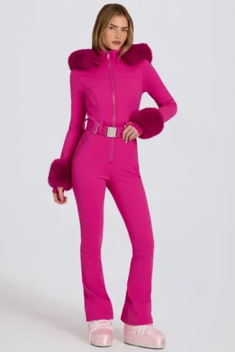 Combinaison de ski ajustée imperméable à capuche en fausse fourrure, rose magenta