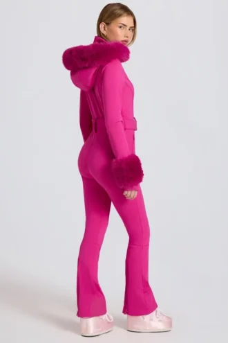 Combinaison de ski ajustée imperméable à capuche en fausse fourrure, rose magenta