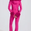 Combinaison de ski ajustée imperméable à capuche en fausse fourrure, rose magenta Combinaison de ski ajustée imperméable à capuche en fausse fourrure, rose magenta