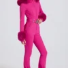 Combinaison de ski ajustée imperméable à capuche en fausse fourrure, rose magenta Combinaison de ski ajustée imperméable à capuche en fausse fourrure, rose magenta