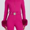 Combinaison de ski ajustée imperméable à capuche en fausse fourrure, rose magenta Combinaison de ski ajustée imperméable à capuche en fausse fourrure, rose magenta