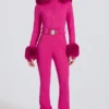 Combinaison de ski ajustée imperméable à capuche en fausse fourrure, rose magenta Combinaison de ski ajustée imperméable à capuche en fausse fourrure, rose magenta