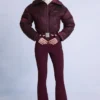 Combinaison de ski imperméable à ceinture et superposée, couleur bordeaux